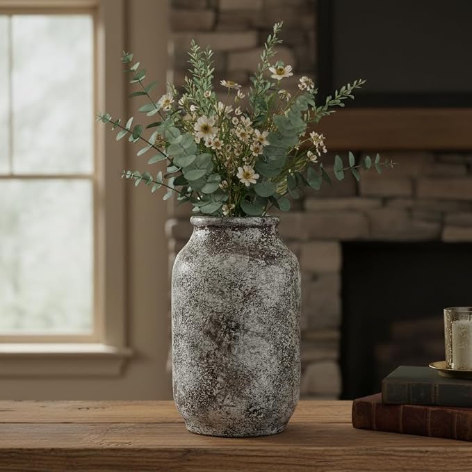 Ceramic Rustic Farmhouse Vase, Terracotta Pottery Flower Vase, Farmhouse Decor for Shelf, Table, Living Room, Bedroom Decor, 9 Inch