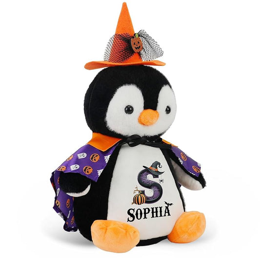 Custom Halloween Plushies Penguin Stuffed Animal, 13.8" Personalized Penguin Toy with Name Date Message, Baby's First Halloween Plush Gift for Kids Boys Girls
