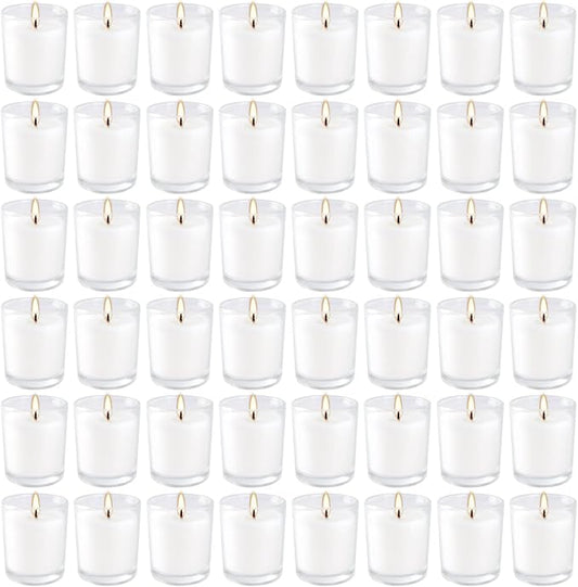 YOROXRG 48 Pack White Unscented Clear Glass Filled Votive Candles. Hand Poured Wax Candle Ideal Gifts for Home Décor Parties Weddings Holidays and Meditation (White)