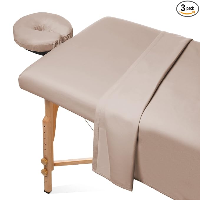 Saloniture 3-Piece Microfiber Massage Table Sheet Set - Premium Facial Bed Cover - Includes Flat and Fitted Sheets with Face Cradle Cover - Sand Brown