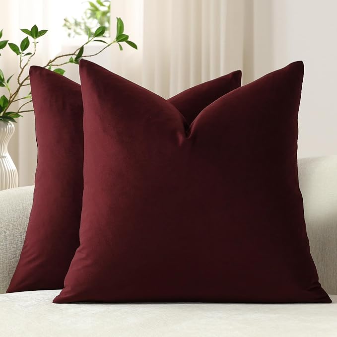 Throw Pillow Covers 20x20 Burgundy: Pack of 2 Cozy Soft Velvet Square Modern Luxury Decorative Throw Pillow Cases for Sofa Couch Living Room Bed Home Decor
