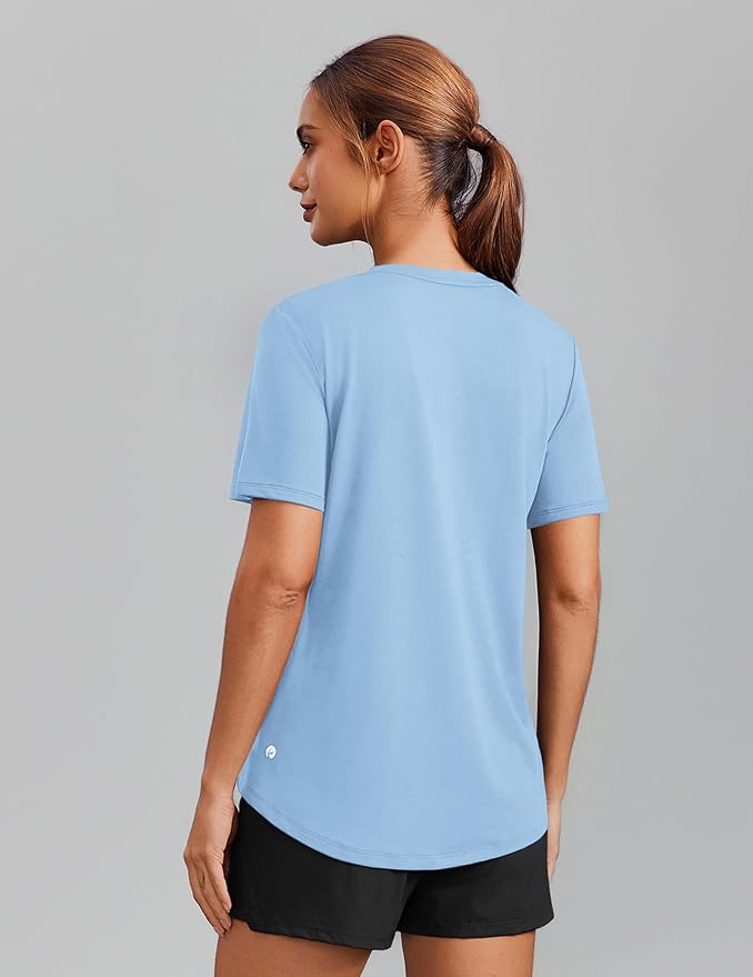 PINSPARK Soft Workout Tops for Women Short Sleeve V Neck Moisture Wicking UPF 50+ Sun Protection Quick Dry Gym Shirts