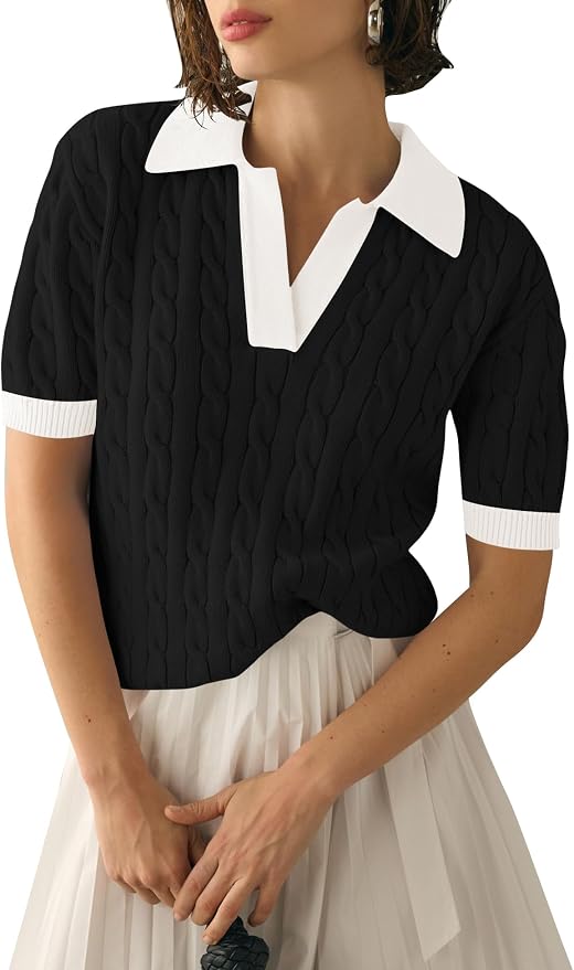 Micoson Womens Short Sleeve Sweater Tops Lapel V Neck Polo Shirts 2026 | Summer Cable Knit Loose Blouses, Business Casual Outfits