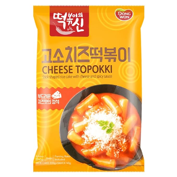 DONG WON Topokki with Cheese and Spicy Sauce, Korean Rice Cake Stick, Korean Street Food, 8.46 OZ (240 G) - 1 Pack
