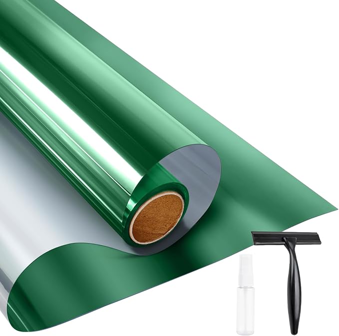 KESPEN Window Privacy Film One Way Daytime Privacy Static Cling Sun Blocking Anti UV Reflective Window Tint for Home and Office, Green-Silver, 17.5 Inch X 6.5 Feet
