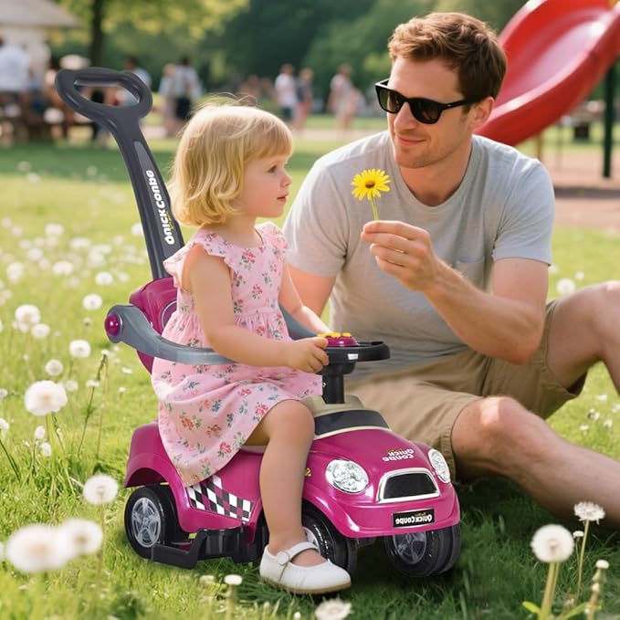 ChromeWheels 3 in 1 Ride on Push Car for Toddlers with Removable Handle/Guardrails/Pedal, Horn, Music, Under Seat Storage (Purple)