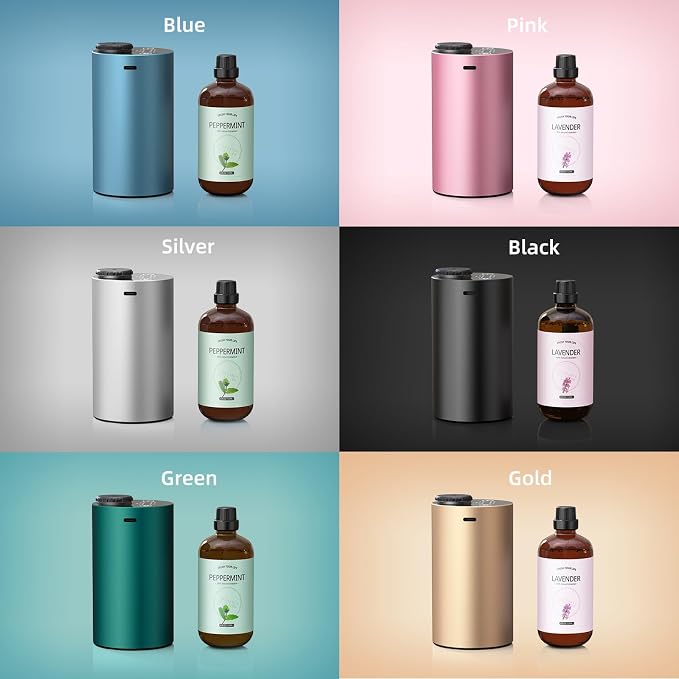 Waterless Essential Oil Diffuser Aromatherapy Scent Diffusers for Home Large Room, Bedroom, Car, Office, Desk, Battery Operated Mini Portable Air Freshener, 3 Countdown Timers & 3 Mist Levels, Green