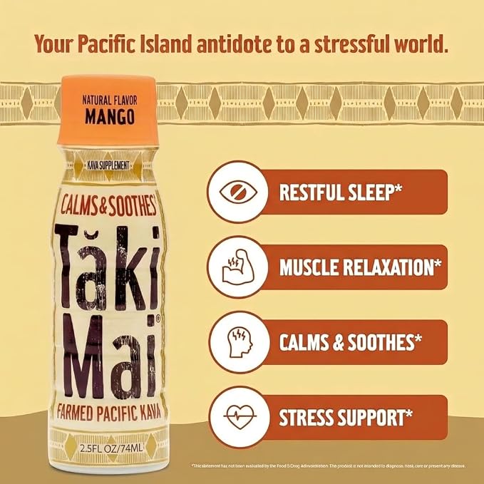 Taki Mai Mango Kava Kava 2.5 oz (6-pack) Shots – Noble Kava Root Drink, Ready to Drink for Stress Support & Relaxation, Fast Acting Herbal Support for Calming Better Sleep and Balanced Mood