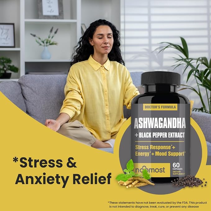 NooMost Organic Ashwagandha 400mg Capsules w/Black Pepper Extract as Vegan Ashwagandha Supplements for Anti Stress Relief, Natural Mood Support, Energy & Focus-60 Capsules
