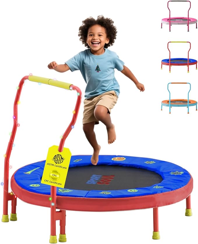 SPORTSOUL Mini Trampoline for Kids 3-6 with Super Safe Foam Handle Bar, 3ft Toddler Trampoline Indoor with No-Gap Cover for Indoor and Outdoor