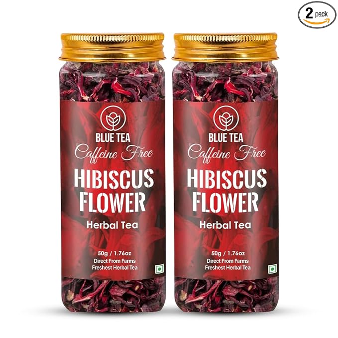 BLUE TEA - Hibiscus Tea - 1.76 Oz - Pack of 2 (100 Cups) Loose | SKIN GLOW ENHANCING TEA | Herbal Tea - Flower Based - Non-Bitter - Caffeine Free - Tangy Flavour - Vegan | Reusable Pet Jar