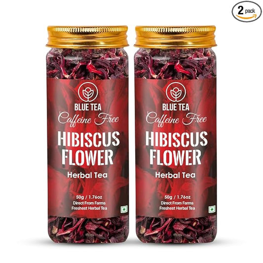 BLUE TEA - Hibiscus Tea - 1.76 Oz - Pack of 2 (100 Cups) Loose | SKIN GLOW ENHANCING TEA | Herbal Tea - Flower Based - Non-Bitter - Caffeine Free - Tangy Flavour - Vegan | Reusable Pet Jar