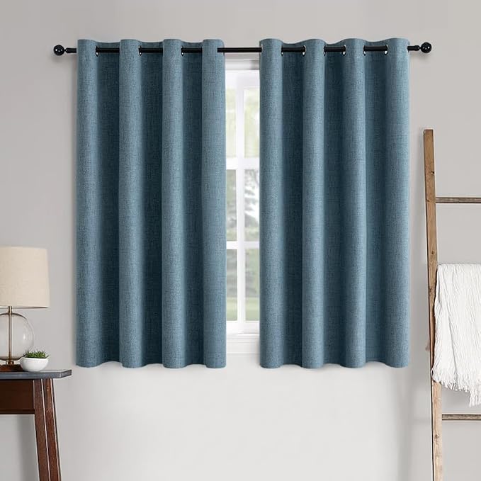 MIULEE Linen Texture Curtains for Bedroom Solid 100% Blackout Thermal Insulated Dusty Blue Curtains Grommet Room Darkening Drapes Luxury Decor for Living Room 52x63 Inch (2 Panels)