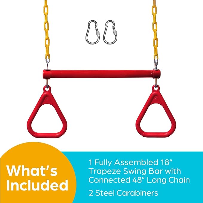 Jungle Gym Kingdom Swing Sets for Backyard, Monkey Bars & Swingset Accessories - Set Includes 18" Trapeze Swing Bar & 48" Heavy Duty Chain with Locking Carabiners - Outdoor Play Equipment (Red)