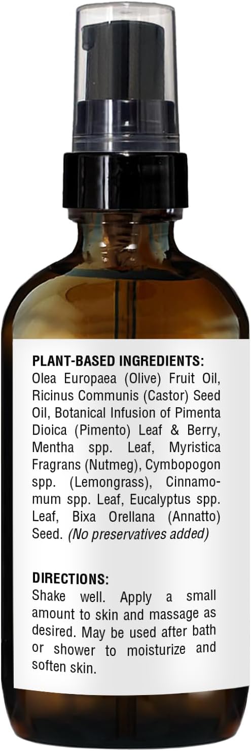 Natural Pimento Massage Oil 4oz | Botanical Infused Body Oil | Warming Herbal Aroma | Olive Oil & Jamaican Black Castor Oil