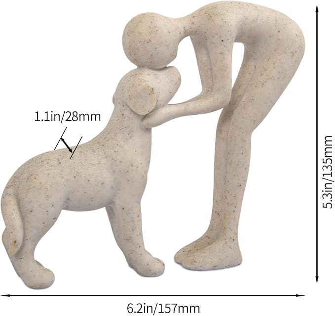 Abstract Person and Dog Head-to-Head Figurine Sandstone | abstract sculpture celebrating the bond between person and pet. Intimate head-to-head Touching memory keepsake for dog lovers