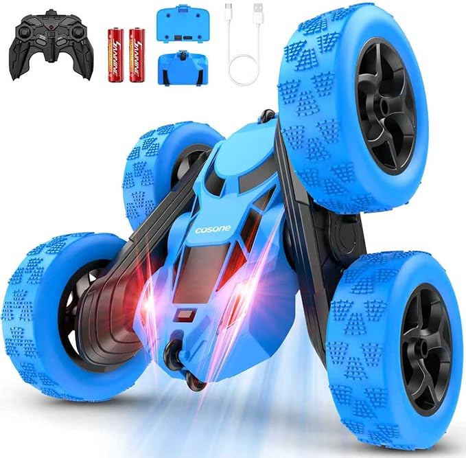 cosone Remote Control Car, RC Cars Toys for Kids Ages 6-12, 4WD Stunt Car with LED Lights & 360° Flips, 2.4GHz, Upgraded USB-C Modular Batteries, 6-10 Year Old Boys Birthday Gift - Blue