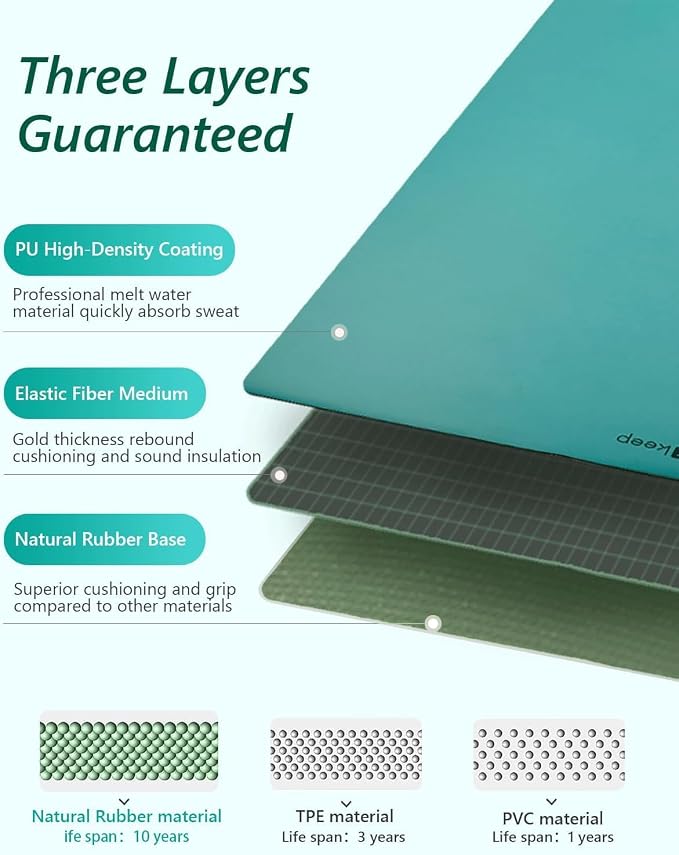 KEEP Rubber Yoga Mat - Professional Sweat Absorbent PU & Natural Rubber. Non Slip Workout Mats for Women & Men, 5mm Thick, 72"x26" Extra Long Wide Pad for Hot Yoga, Pilates, HIIT, Home Gym - Strap Included
