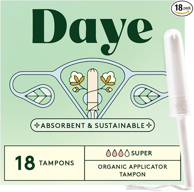 Daye Organic Tampons Super | 18ct | Pesticide & Metal Tested, 100% Organic Cotton for Heavy Flow | No-Shed Sleeve, Sugarcane Applicator
