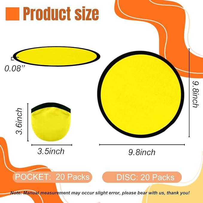 20PCS Foldable Flying Disc Fans with Bags, 9.8'' DIY Handheld Black Egde Fabric Folding Fan for Outdoor Game Activities Birthday Party Favors Gifts, Yellow