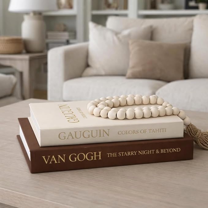 Decorative Books for Home Decor - Stackable Faux Book Box for Coffee Table Styling & Hidden Storage - Neutral Linen Fake Books as Display Riser for Shelf & Entryway (Set of 2, Van Gogh Art)