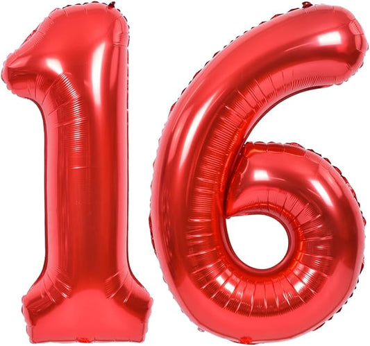 TONIFUL 40 Inch Red Large Numbers Balloons Number 16 Digital 16 Helium Balloons, Foil Mylar Big Number Balloons for Birthday Party Anniversary Supplies Decorations