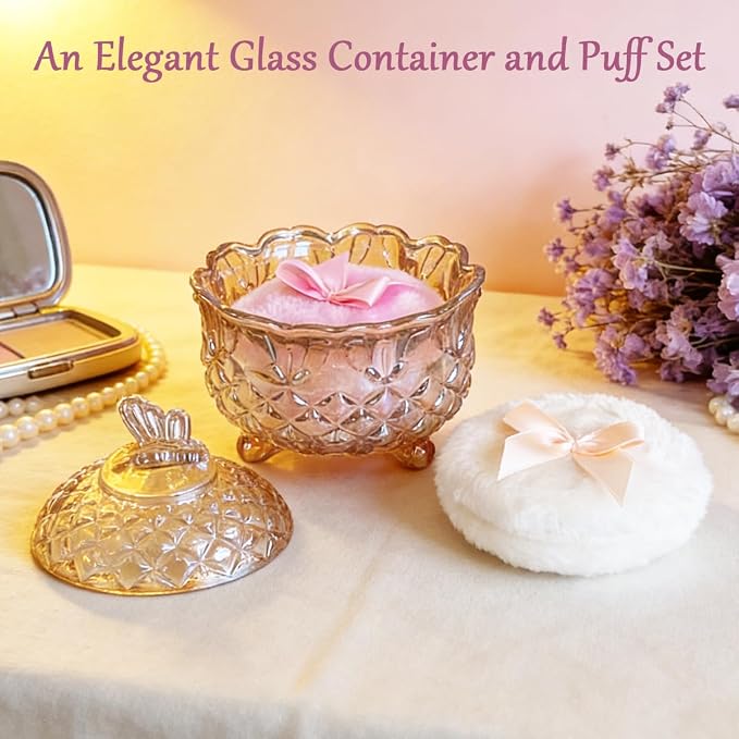 4" Glass Dusting Powder Container with 2 Fluffy Puffs,Cute 3.5" Soft Body Powder Puff and Jar Set(Butterfly-amber)