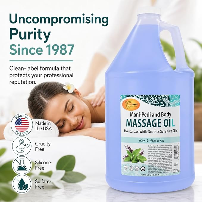 SPA REDI Mint Eucalyptus Massage Oil – Alcohol-Free, Sulfate-Free & Silicone-Free Professional Massage Oil | Almond, Avocado, Sunflower & Vitamin E Botanical Blend | Cruelty-Free | Made in USA 128 oz