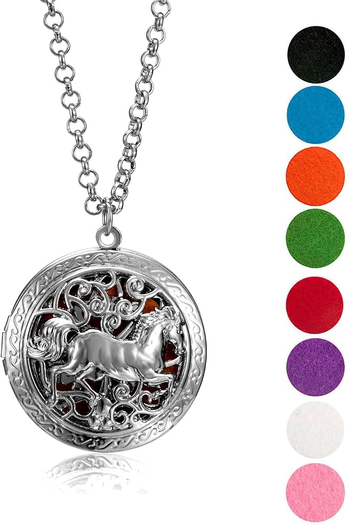 Wild Essentials Wild Horse Essential Oil Diffuser Necklace Gift Set with Inner Calm & Relax Oils – Nickel Free Alloy Pendant with 12 Color Pads – USA Made Oils & Perfume Necklace – Family Company