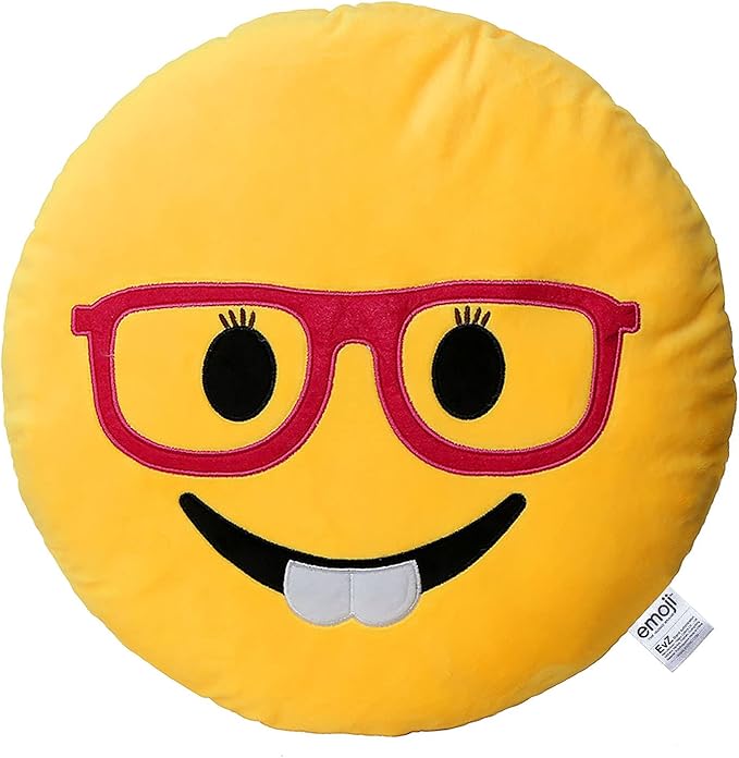 EvZ Official Certified Glasses Girl Emoji Pillow - 32cm Large Soft Plush Smiley Face Smart Emoticon Cushion - Cute Decorative Stuffed Toy for Girls, School Gift, Home & Bedroom Decor (Yellow)