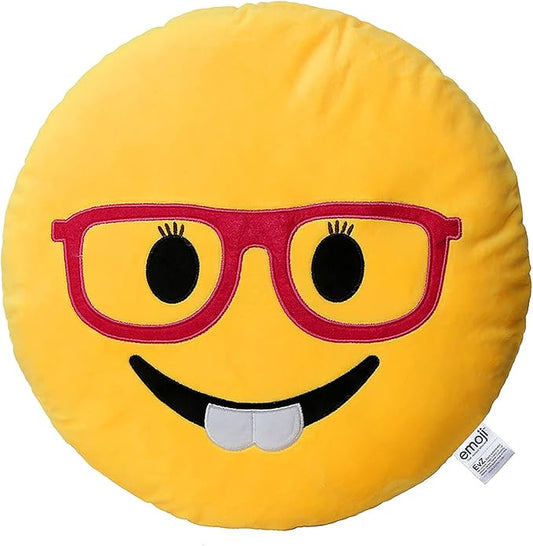 EvZ Official Certified Glasses Girl Emoji Pillow - 32cm Large Soft Plush Smiley Face Smart Emoticon Cushion - Cute Decorative Stuffed Toy for Girls, School Gift, Home & Bedroom Decor (Yellow)
