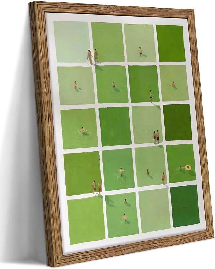 Framed Modern Green Wall Art, Minimalist Summer Swimming Pool Canvas Wall Decor Painting, Mid Century Stripe Artwork Poster Print Pictures for Living Room Bedroom Bathroom Decor 12x16 Inch