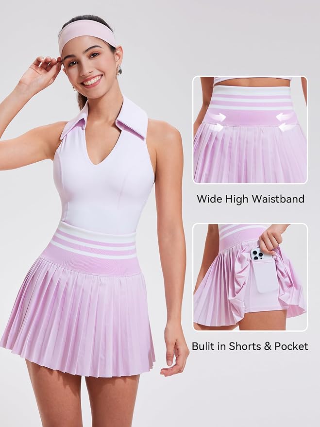 Women 2 Piece Tennis Skirt Set Polo Golf Outfits Racerback Tank Top Pleated Skort with Pockets Summer Workout Athletic Dress