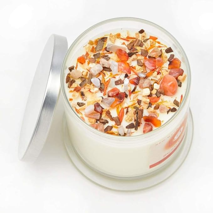 Sacral Chakra Candle by New Moon Beginnings - Chakra Candles - Dried Flower, Herb, & Crystal Candles - Aromatherapy Candles - Soy Candle - 12oz Glass Jar
