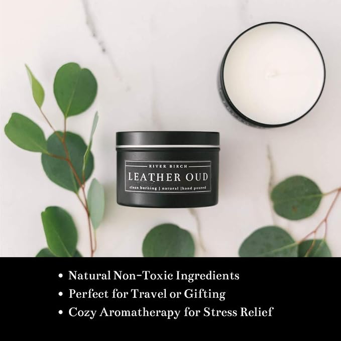 River Birch Candles Leather Oud Scented Candle | Premium, All-Natural, Non-Toxic, Soy Candles | 8 oz. Black Matte Tin Travel Candle | Cozy Relaxing Gifts for Home