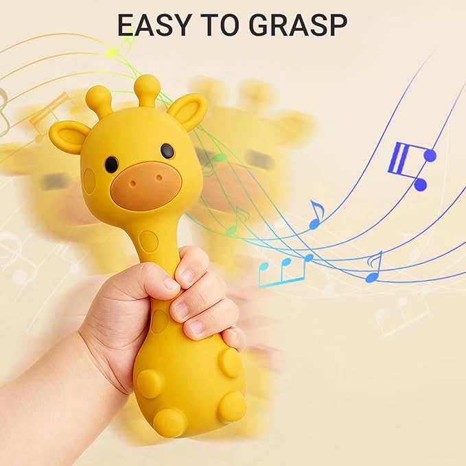 Giraffe Silicone Baby Teether Rattle Toy for 0-6 6-12 Months, BPA-Free Infant Teething Toy with Rattle Sound, Easy-Grip Design for Teething Relief (Olive)