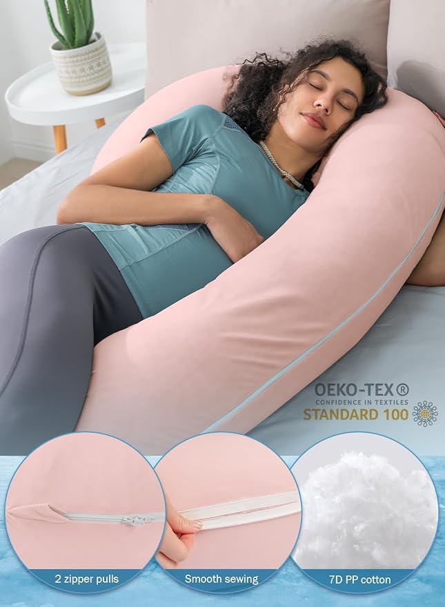 INSEN Cooling Pregnancy Pillow, Maternity Pillow with Soft Cotton Cover,C Shaped Pregnant Women and Side Sleeping, Bright Pink