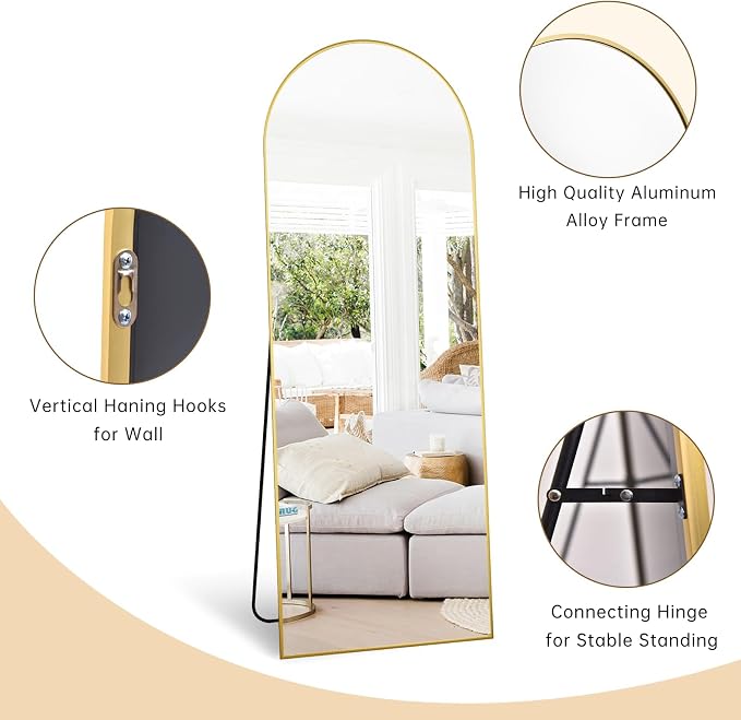 Dewfig Arched Full Length Mirror, 57"X20" Large Full Body Mirror, Gold | Aluminum Alloy Frame Floor Mirror, HD Shatterproof Tempered Glass, Lean/Stand/Wall for Living Room,Bedroom, Dressing Room