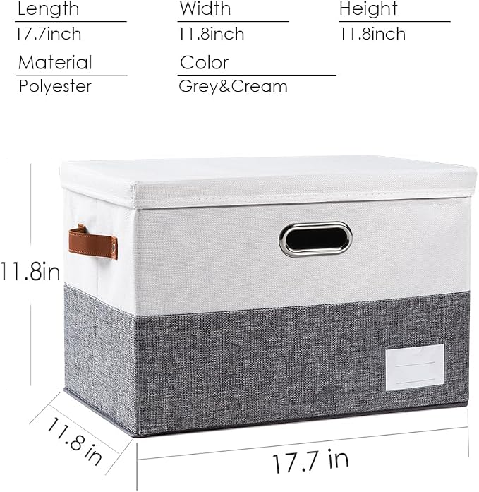 Foldable Storage Bins with Lids [3-Pack] Fabric Collapsible Storage Boxes Baskets Cubes Containers with Handles for Closet Living Room Bedroom (Grey & White 17.7x11.8x11.8'')