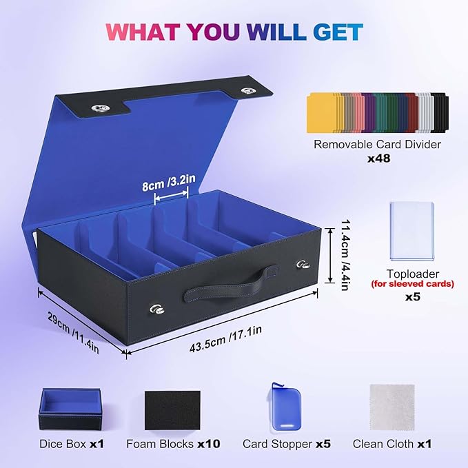 UAONO Trading Card Storage Box with Commander Display, 5 Row Magic Card Box with Handle & Aluminum Alloy Locking for 3900+ Unsleeved Cards Suits for MTG PTCG TCG Sports Cards (Black Blue)
