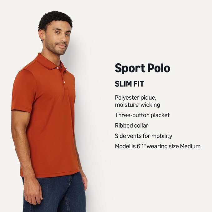 Amazon Essentials Men's Moisture Wicking Golf Polo Shirt, Short Sleeve, Slim-Fit, Quick-Dry, Active Wear