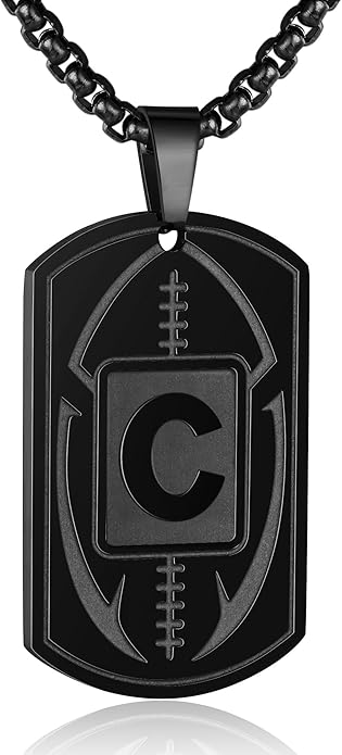 Initial A-Z Dog Tag Necklace for Men - Football Charm Pendant, Stainless Steel Chain 22+2 Inches, Personalized Sports Athletes Jewelry Gift
