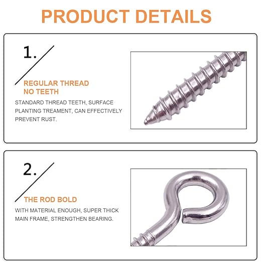 6-Pack 304 Stainless Steel Screw Eyes 3.2", Heavy Duty Screw in Eye Hooks Ring for Yoga, Swing Chair, Indoor & Outdoor, Self Tapping