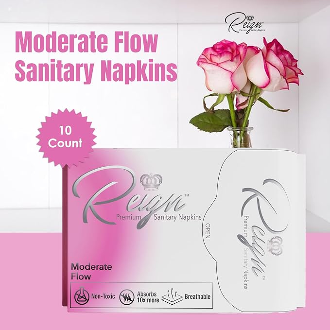 Reign Moderate Flow with Wings Sanitary Napkins for Women, Super Absorbent Pads (10 Count, 1pack)