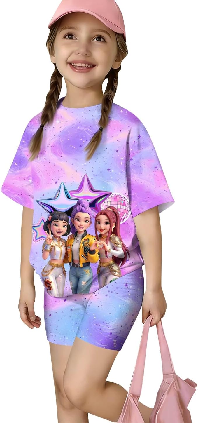 K-POP DEM0N Hunters Outfits for Girls, 2 Piece T-Shirts and Apparel Sets Birthday Gift