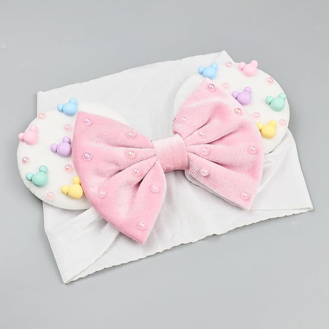 JIAHANG Baby Girl Velvet Mouse Ears Turban Headwrap with Beadings, Velvet Hair Bow Headband for Infant Toddlers Kids