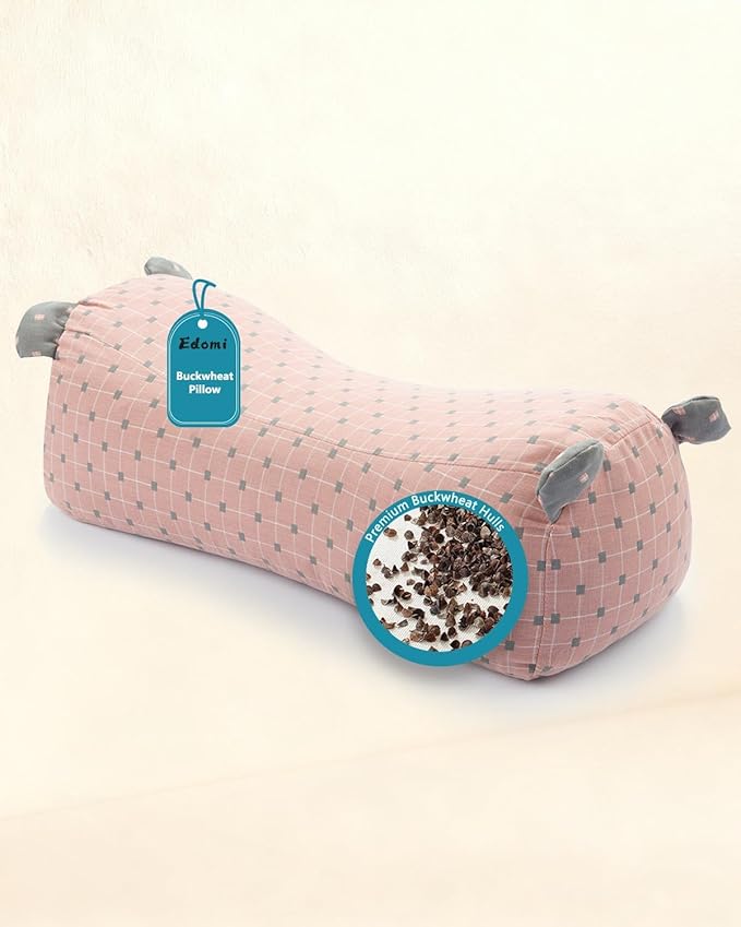 Adjustable Buckwheat Neck Roll Pillow,16.5"x6.3" Firm Cylinder Bolster for Lumbar Support, Pain Relief for Yoga Sleeping Recliner Use with Dot Plaid Pillowcase,Pink