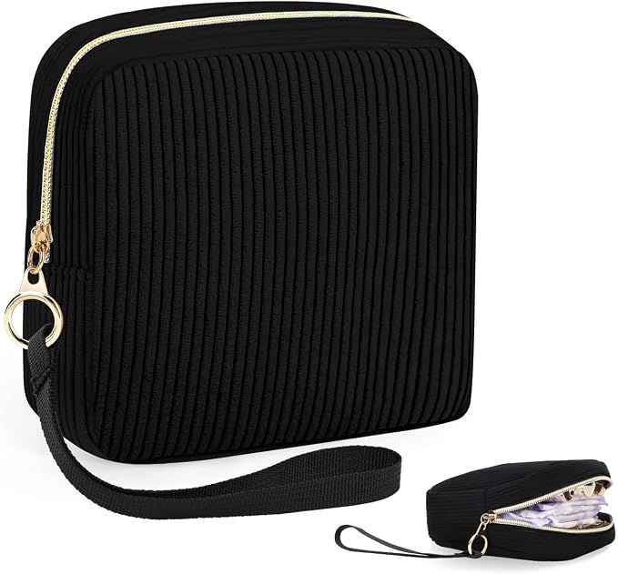 Corduroy Period Pouch Small Discreet Period Bag Sanitary Napkin Storage Bag Cute Menstrual Pad Pouch Tampon Bag for Purse Portable Wristlet Makeup Bags for Women Ladies Black