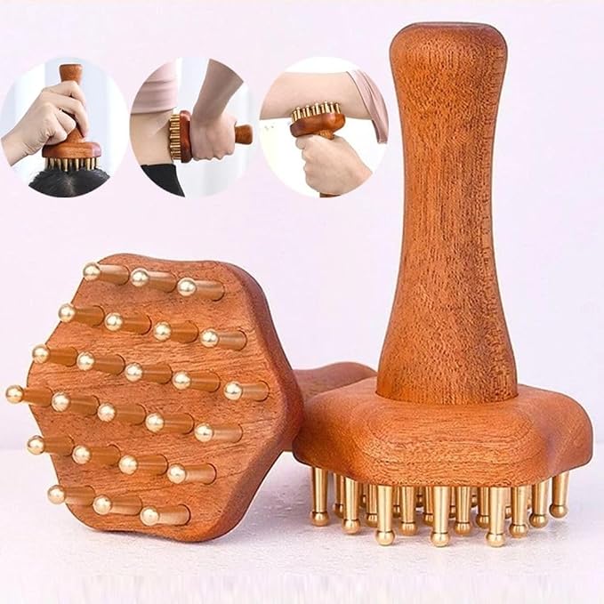 Vctitil 24teeth Copper Head Massager, Sturdy Meridian Point Massage Brush with Wooden Handle, Handheld Chinese SPA Gua Sha Tool