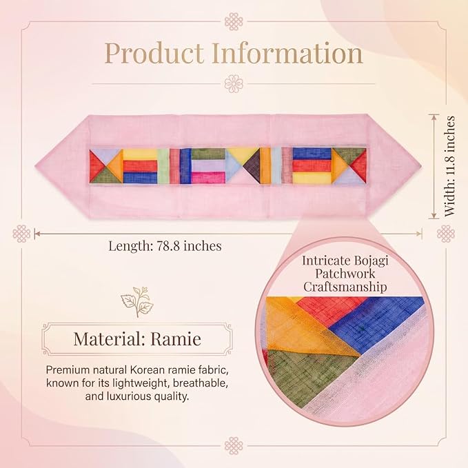 Korean Bojagi Ramie Table Runner 79", Patchwork Dining Decor, Pastel Pink | Bring the timeless beauty of Korean Bojagi patchwork into your home.